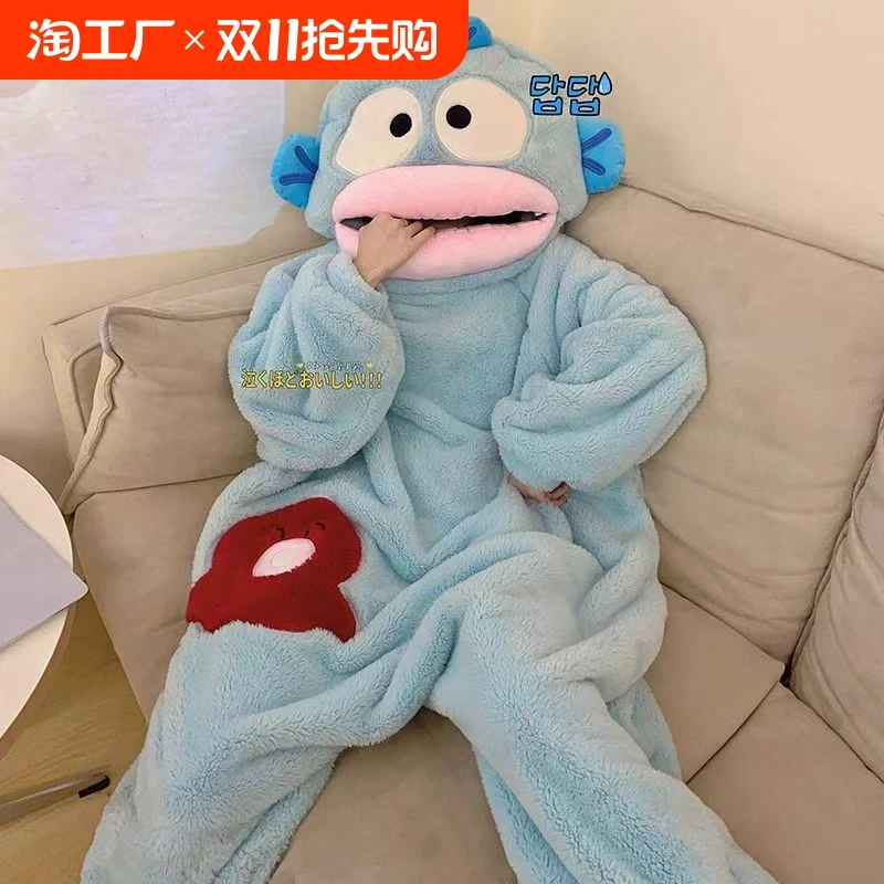 Hanton Uglyfish One-piece Pajamas Female Coral Velvet Thickened Warmth Autumn Winter Cartoon Funny Couple Nightgown Long Man