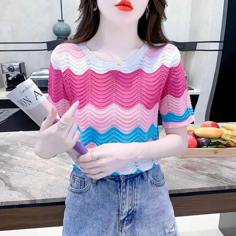 Fashion O-Neck Striped Knitted Hollow Out Color Blouses Women's Clothing 2024 Summer New Loose All-match Tops Sweet Shirts