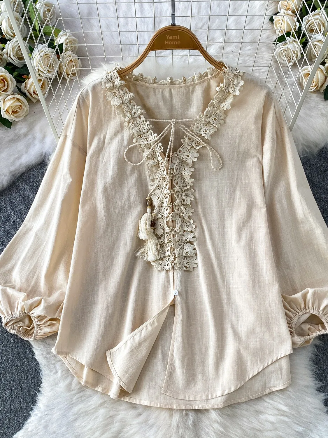 Sweet Lace Patchwork Bell Sleeve V-neck Shirt Women's Summer Elegant Vintage Cotton Linen Top Korean Style Loose Fit Shirt
