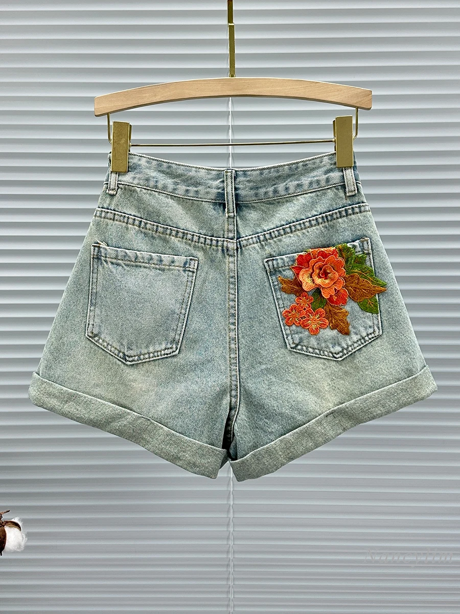 Flower Embroidered Flanging Denim Shorts for Women 2024 New Summer High Waist All-Matching Wide Leg A- Line Hot Pants Tide