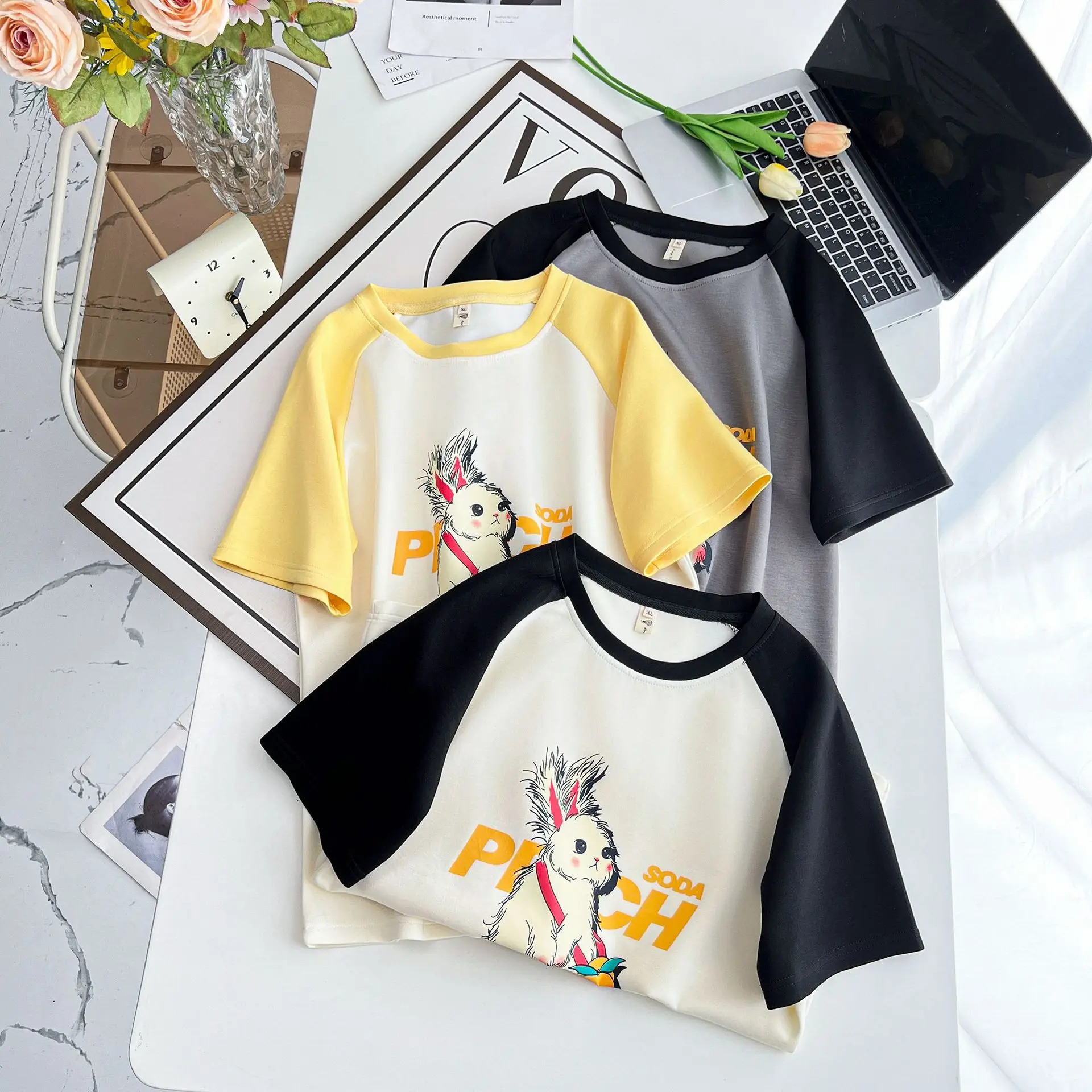 Rabbit Print With Raglan Sleeve Top 2024 Summer New Plus Size Women Loose Casual Scuba Knitting Fabric T-shirt