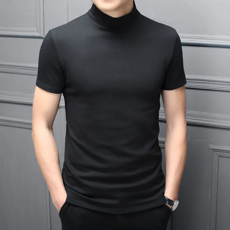 Half Turtleneck Milk Silk Short Sleeve Slim T-Shirt Men Solid Turtleneck Trend Bottoming Shirt High Street Fashion Man T Shirt