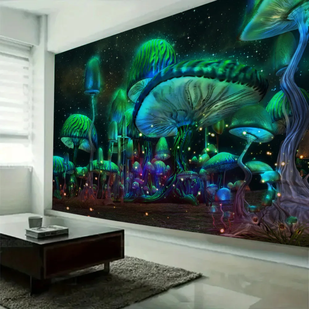 Psychedelic mushroom tapestry, fantasy, cartoon, bohemian, mandala, wall decoration, hippie, witchcraft, home art decoration