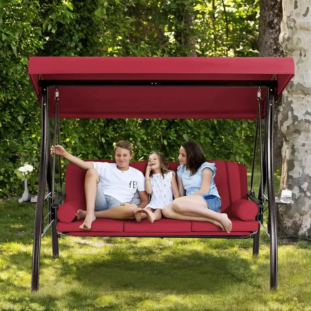 Balanço da varanda ao ar livre com dossel ajustável e encosto, Pátio Swing Chair, Weather Resistant Steel Frame, Vinho Tinto