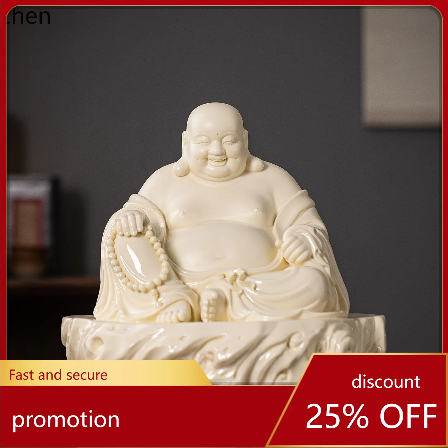 Cz1 ceramic rock-sitting maitreya buddha ornament - laughing buddha with a pot belly, zen-inspired entrance decoration