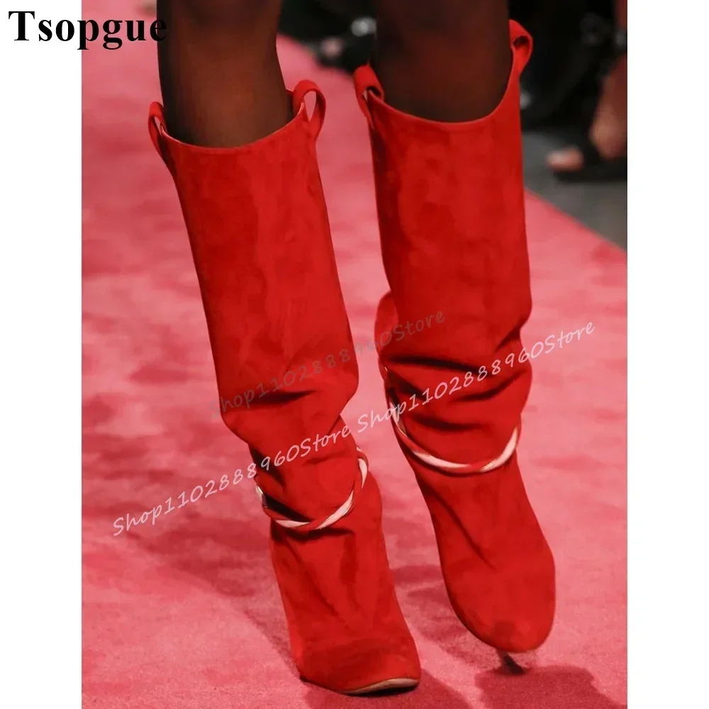 Trendy Knee High Apricot Plus Size String Boots Thin High Heel Shoes For Women Slip On Round Toe Fashionable Zapatos Para Mujere