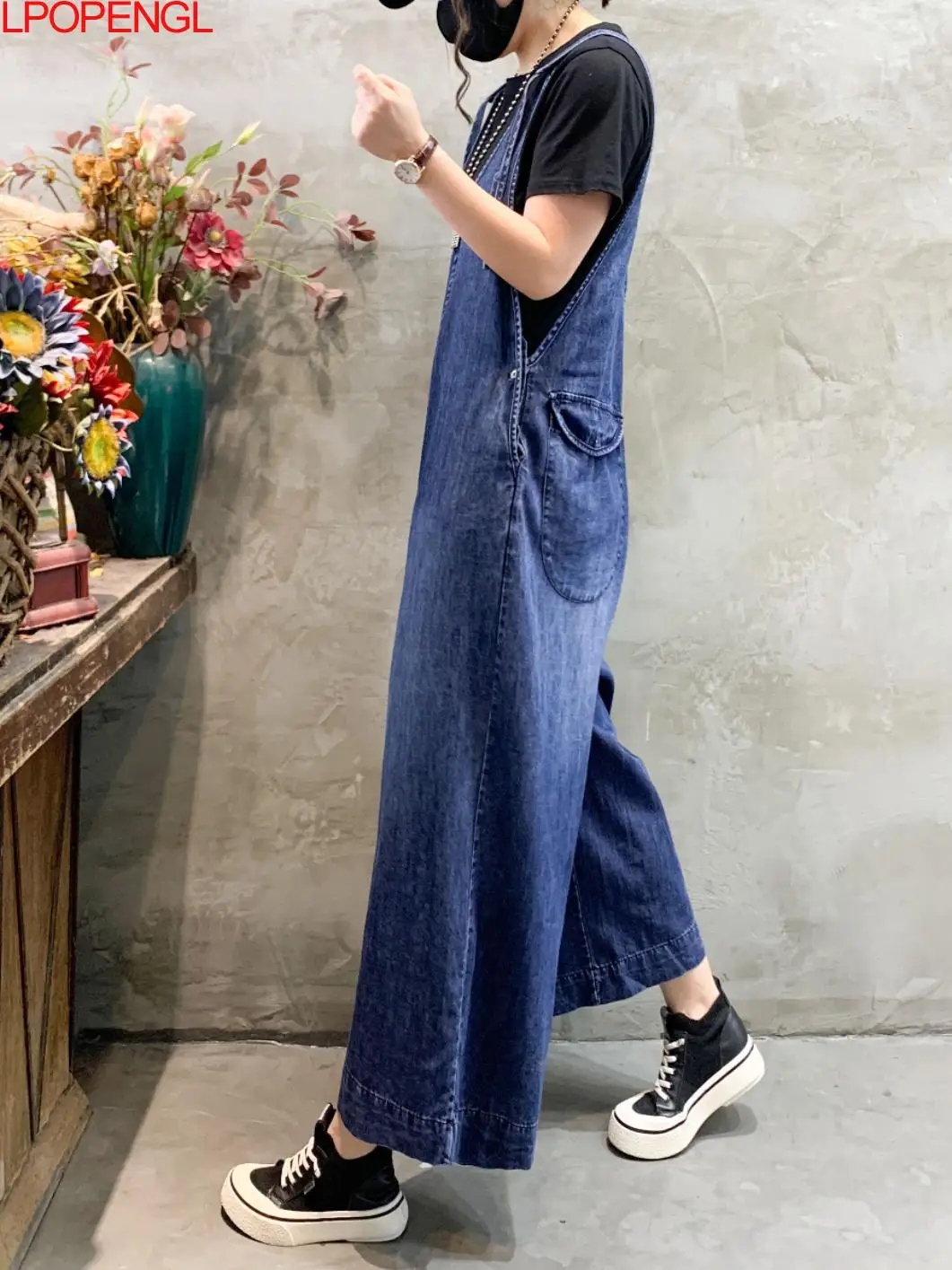 New Vintage Solid Color Personalized Denim Overalls Women\'s Fashion High Waisted Streetwear Straight Jumpsuit One Piece Pants