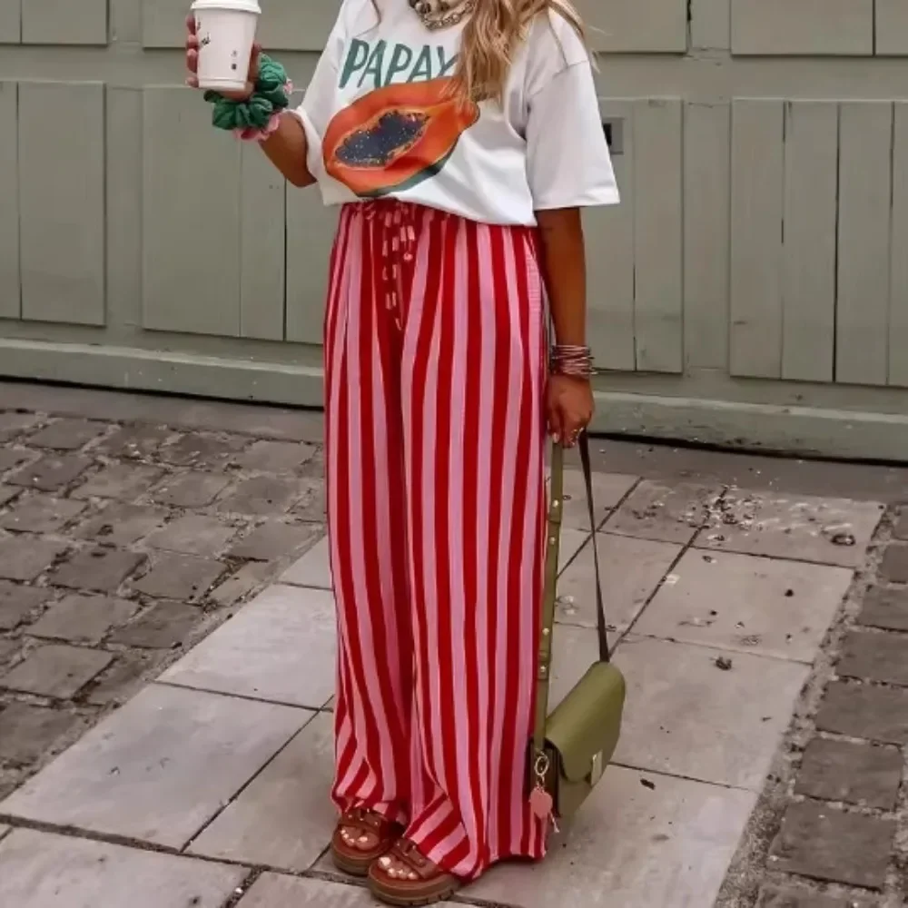 Women's Color Contrast Striped Straight Long Pants New Spring Summer European Style Loose Casual Ladies Trousers