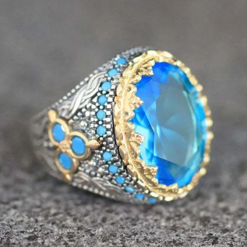 Exquisite Round Inlaid Blue Stone Sky Blue Zircon Rings Fashion Metal Two Tone Engagement Wedding Rings for Women Men Jewelry