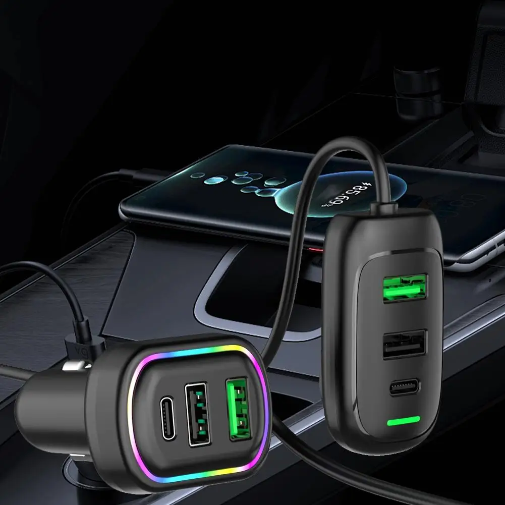 6-Ports 48W USB Type-C Front And Rear Extension Car Charger With RGB Light PD Fast Charging Power Adapter For Phone Laptop