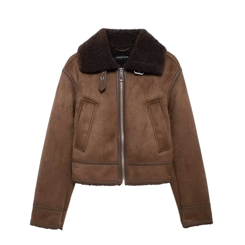 

Women's Autumn Winter Loose Slimming Casual Short Warm Top Full Sleeve Flip Collar Coat Street Style Leather And Fur Jacket