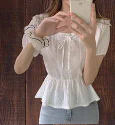 Embroidery Cute Chic Top Bow Tie Women Summer Korea Japan Style Flhjlwoc Vintage Slim Waist Peplum White Short Shirt Blouse