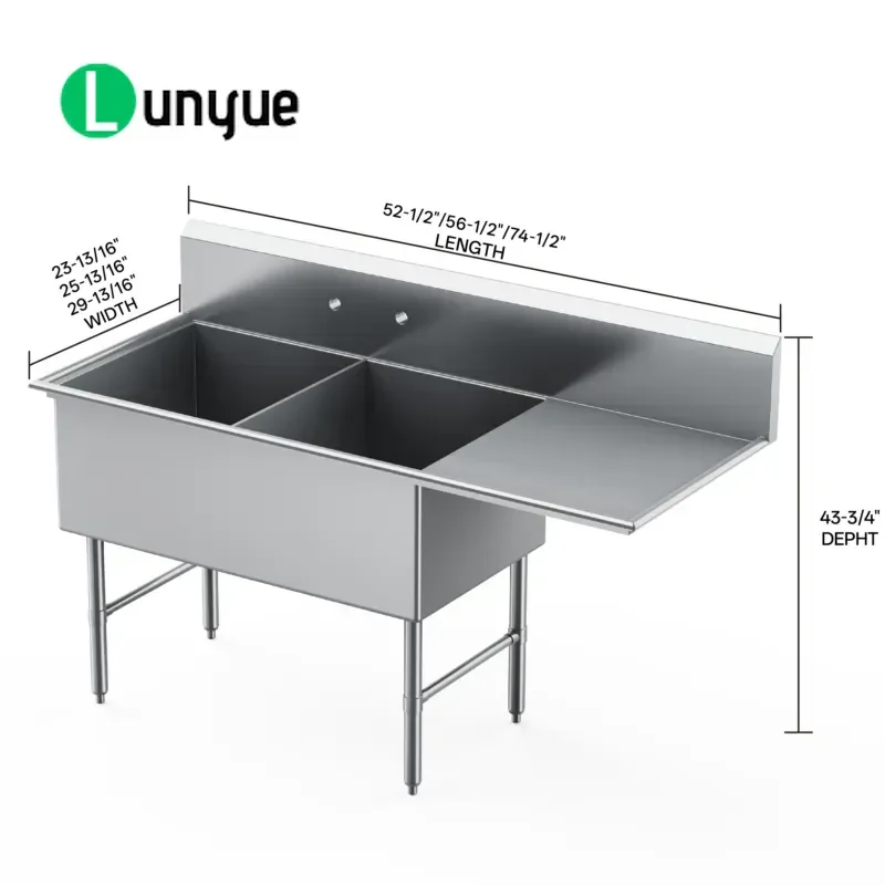 Commercial Stainless Steel Sink Two Compartment 1.2mm Thick Polished Corrosion Resistant for Kitchen Heavy Duty 5 Year