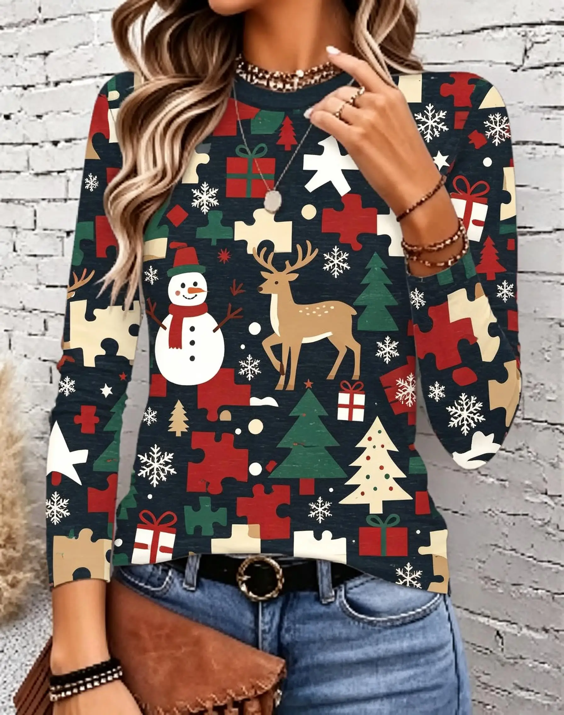 Women Long Sleeve Shirt Round Neck Casual Tops Snowman Reindeer Christmas Tree Gift Print Holiday Fashion Loose Fit Daily Wear