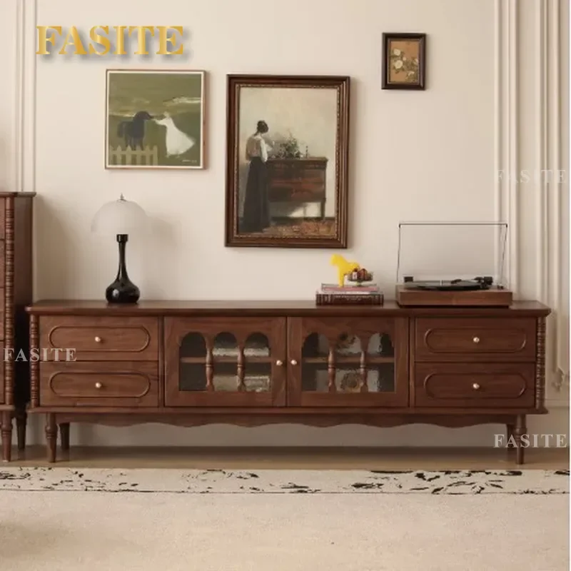 for French Black Walnut TV Cabinet Living Room Home Storage Integrated Solid Wood Floor Medieval Style TV Stand