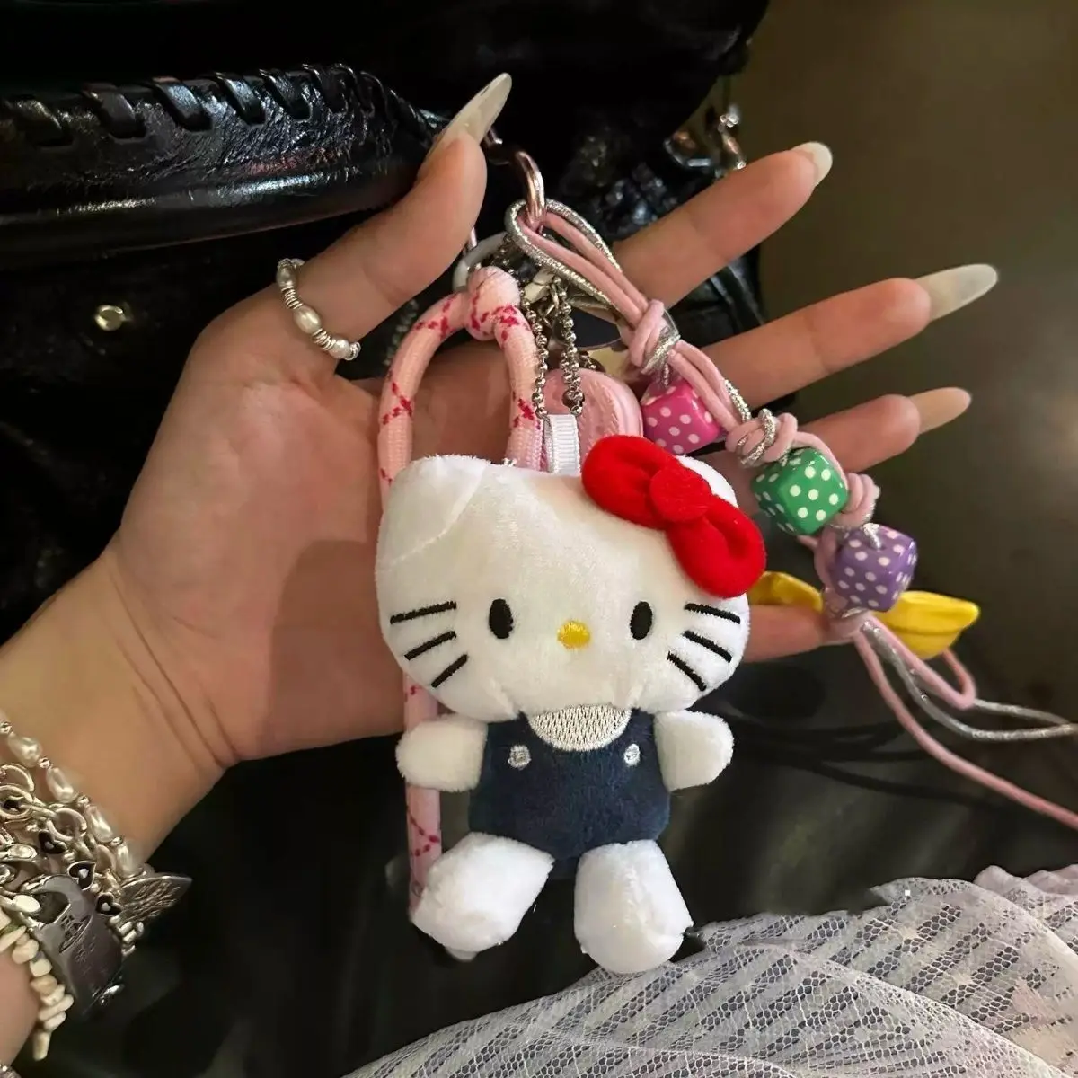 Kawai Hello Kitty Pendant Woven Carabiner Bag Pendant Handmade Beaded Bowknot Plush Doll Backpack Keychain Accessories for Women