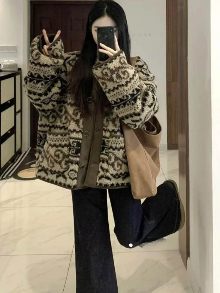 

Экологичное пальто из овечьей шерсти в винтажном стиле, теплое, с принтом, повседневное, женское, средней длины, с косыми карманами