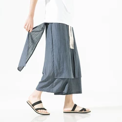 Summer Men Casual Wide Leg Pants Mens Streetwear Irregular Linen Harem Pants Male Solid Color Vintage Skirts Trousers M-5Xl