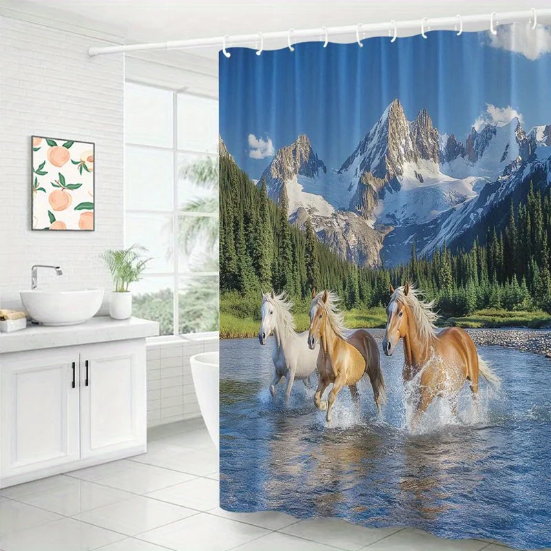1pc Galloping Horses Shower Curtain Vibrant Photograph of Three Horses Galloping Through a Stream with Snow-Capped Peaks Majesti