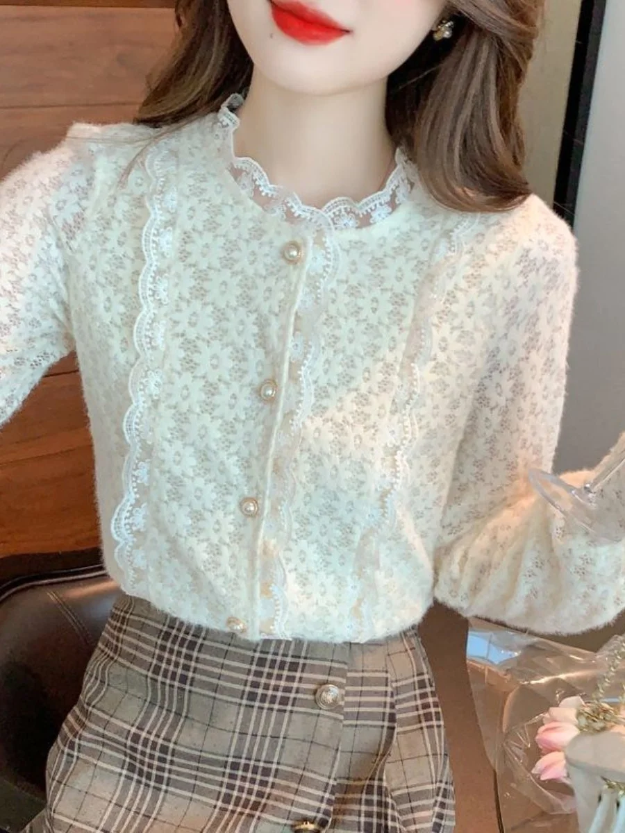 

Lace Base Shirt Women Spring Autumn 2025 New Style Elegant Beautiful Small Shirt Chiffon Inner Wear with Parka Short Sleeve