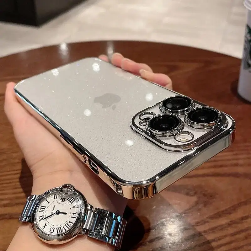 Luxury Transparent Glitter Phone Case For iPhone 11 12 13 14 15 16 Pro Max Plus Electroplated Bumper Clear Shockproof Back Cover