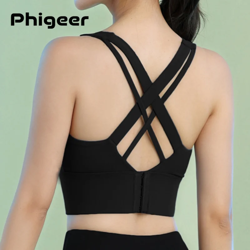 PHIGEER Women Back Cross Quick Dry Sports Bra U-Neck Low Impact Yoga Top with Padded Workout Clothes Yogawear Built in Pads New