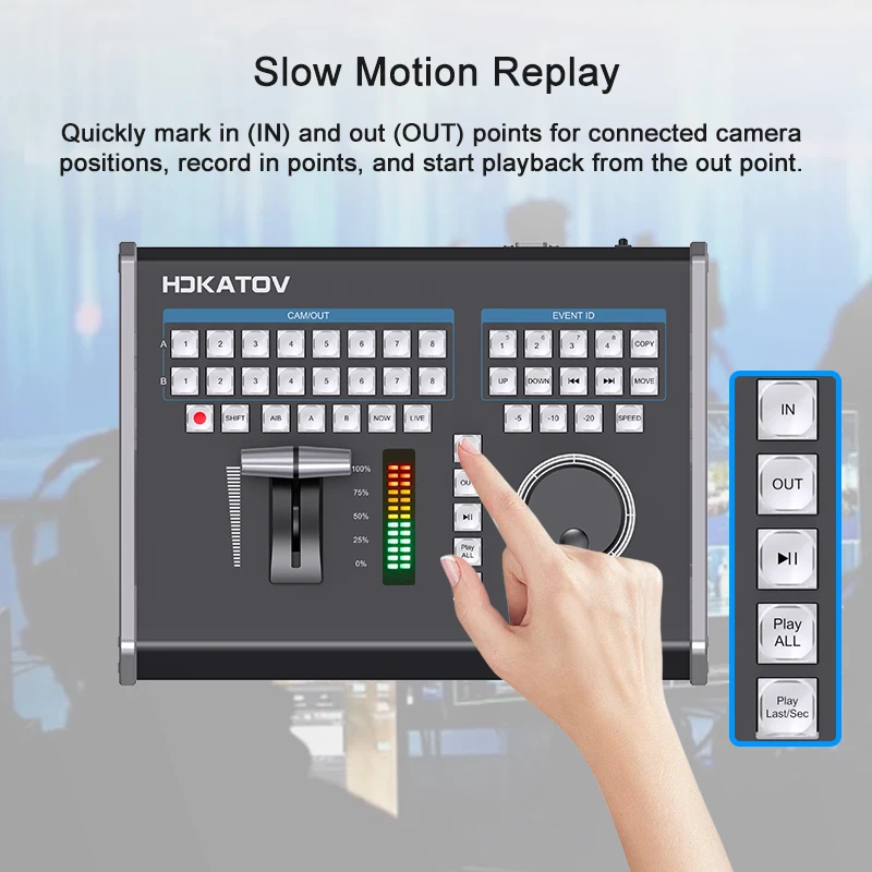 

2025 JJTSVideo KD61 8-Channel T-bar Fader Slow Motion Video Switcher with SDI Signal Output and Input for Live Streaming