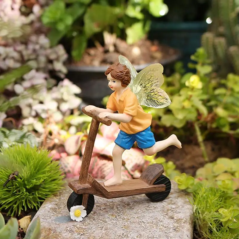 Cute Garden Scooter Flower Fairy Statue, Fun Outdoor Flower Fairy Boy Statue Decoration, Flowerpot Decoration