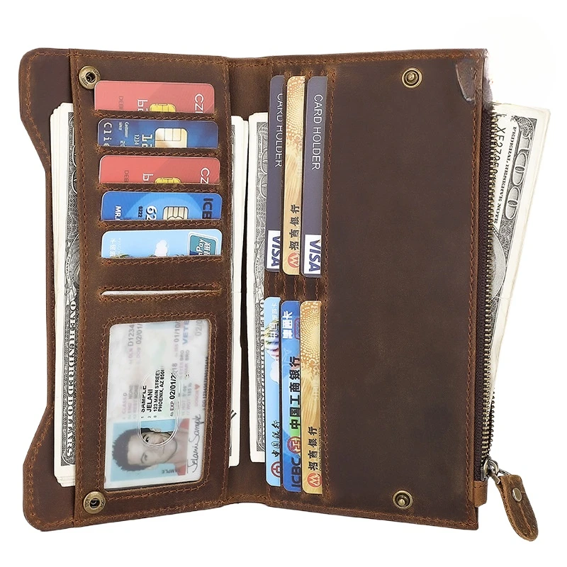 Genuine leather cash wallets vintage leather purse men women clip purse wallet luxury brand designer long wallet for male female