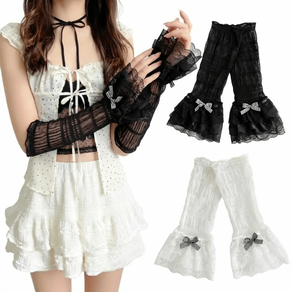 

1 Pair Thin Lace Lace Arm Sleeves Bowknot Design Breathable Sun Protection Sleeves Long Hand Sleeves Fashion Accessory