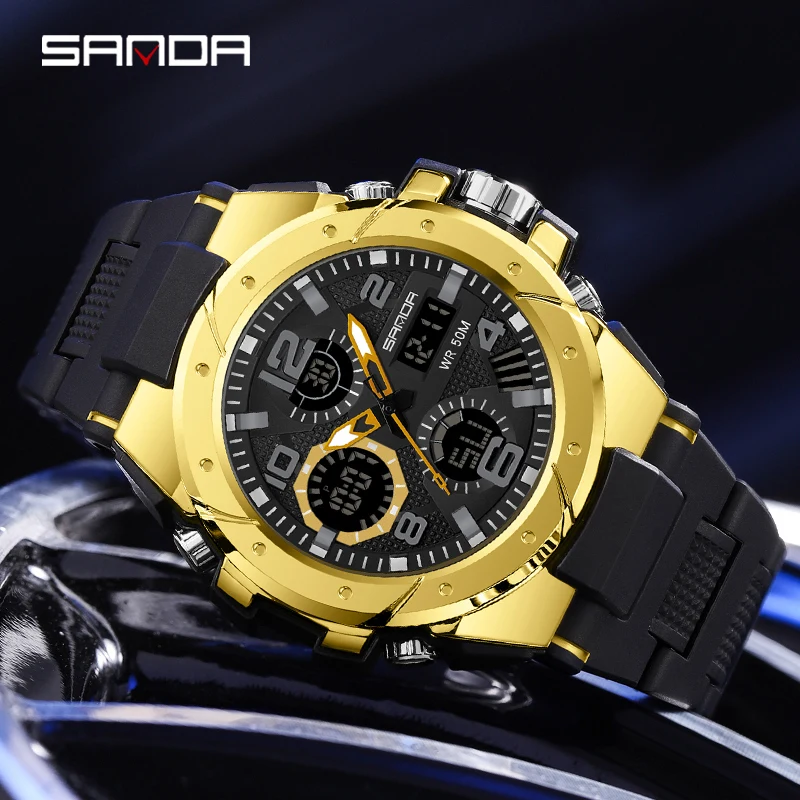 SANDA Top Brand Men's Watches Dual Display Outdoor Military Wristwatch Waterproof Sports Watch For Male Relogio Masculino 9009