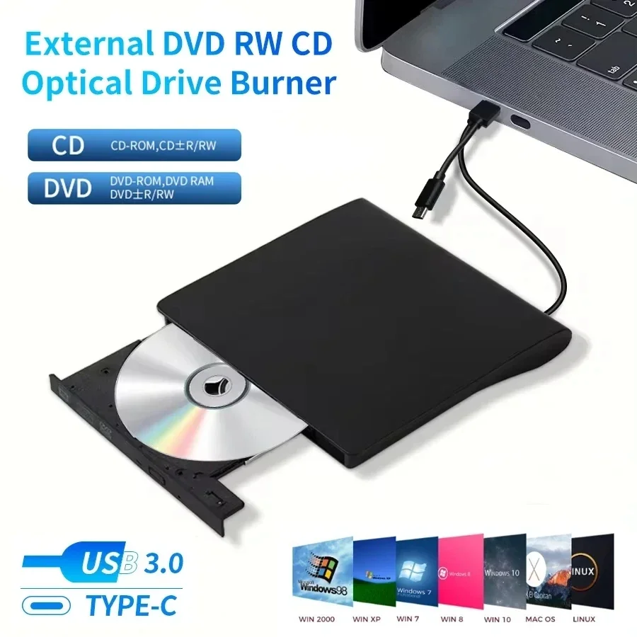 

External DVD Burner USB 3.0 Type-C 2 in 1 Portable CD DVD RW Drive Rewriter Player Burner for Laptop MacBook Windows Linux PC