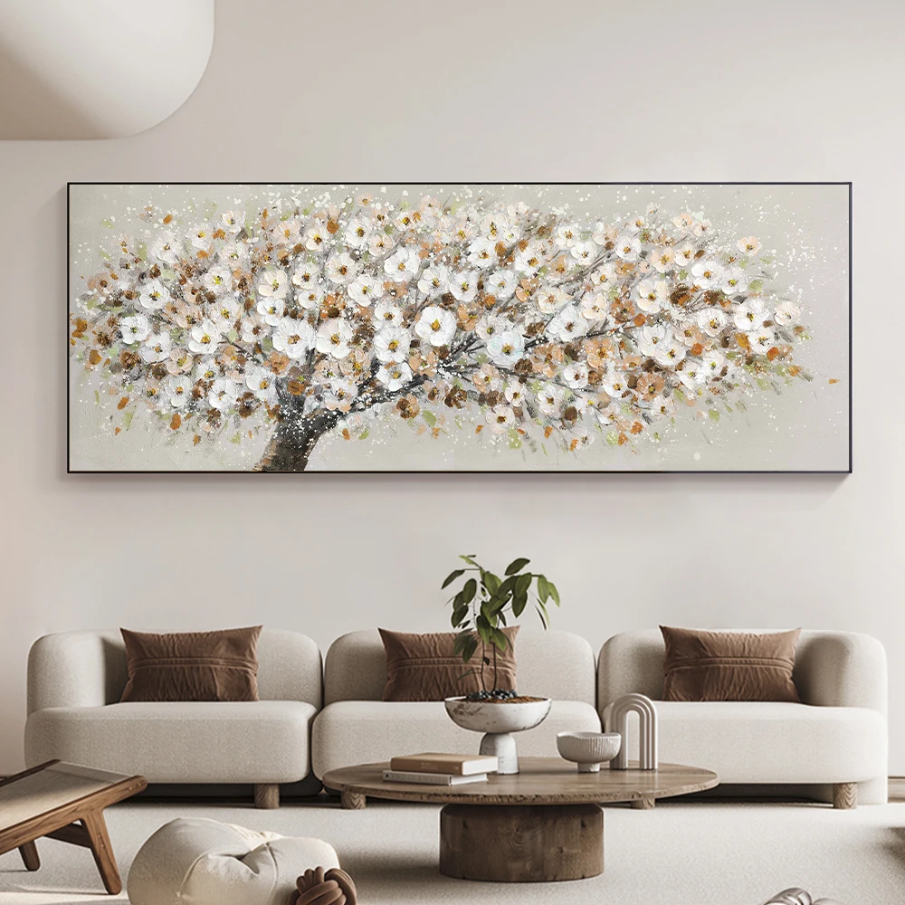 Pintura abstracta de árbol de flores blancas florecientes, impresión sobre lienzo, obras de arte sin marco de naturaleza muerta, póster artístico de pared para sala de estar y dormitorio