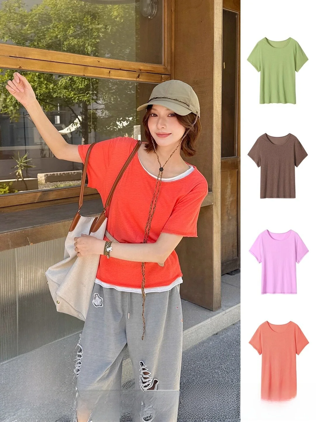 

Rerek Brand Distressed Knit Short Sleeve T-shirt with Frayed Edges Casual Fit Cotton round Neck Top for Young Women