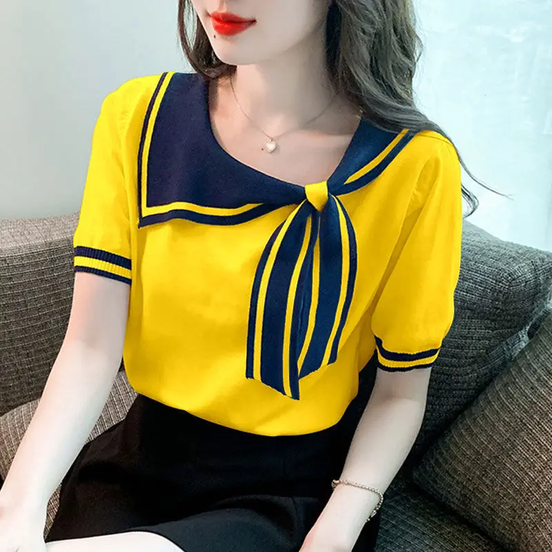 Spring Summer New Fashion Casual Scarf Collar Sweet Knitted T-shirt Female Short Sleeve All-match Pullover Tee Women\'s Clothing