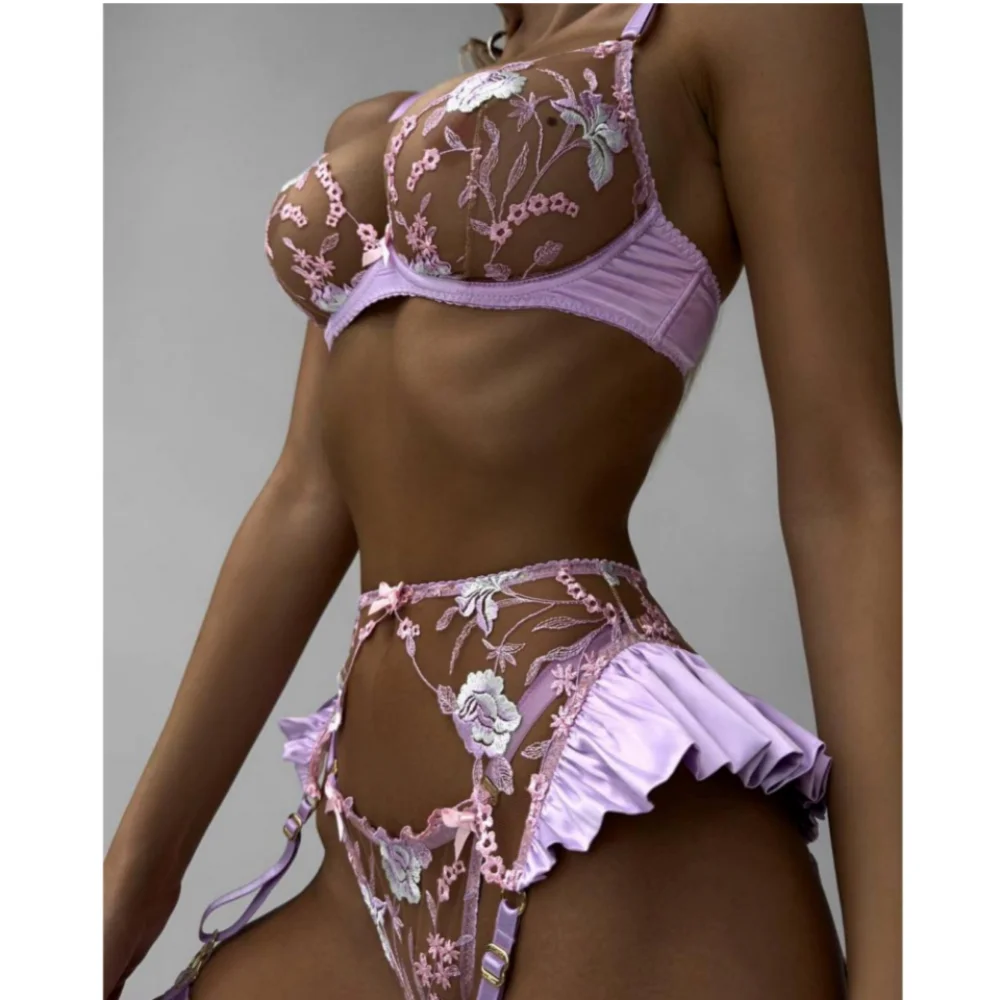 Krasapt Sexy Unlined Floral Embroidery Lingerie Sets Mesh Patchwork See-through Bra Brief Underwire Sets  Fancy Erotic Outfits