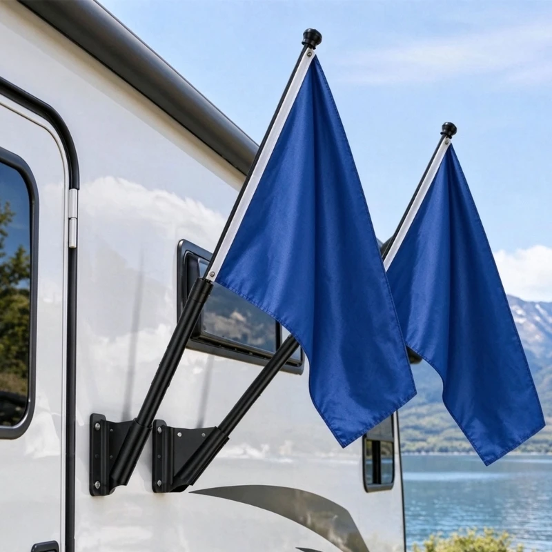 Travel Trailer Two-Flag Bracket with Metal Construction, Hand-Tightened Wing Screws and Drain Openings for a Paired Flag H9EE