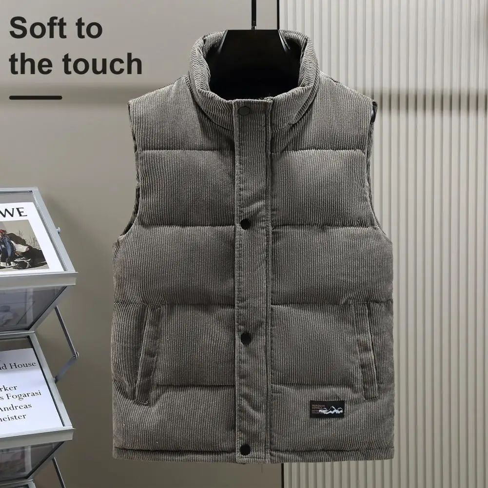 

Solid Color Vest Men Vest Coat Stylish Men's Corduroy Vest Coat with Stand Collar Pockets Single Breasted Waistcoat for Men