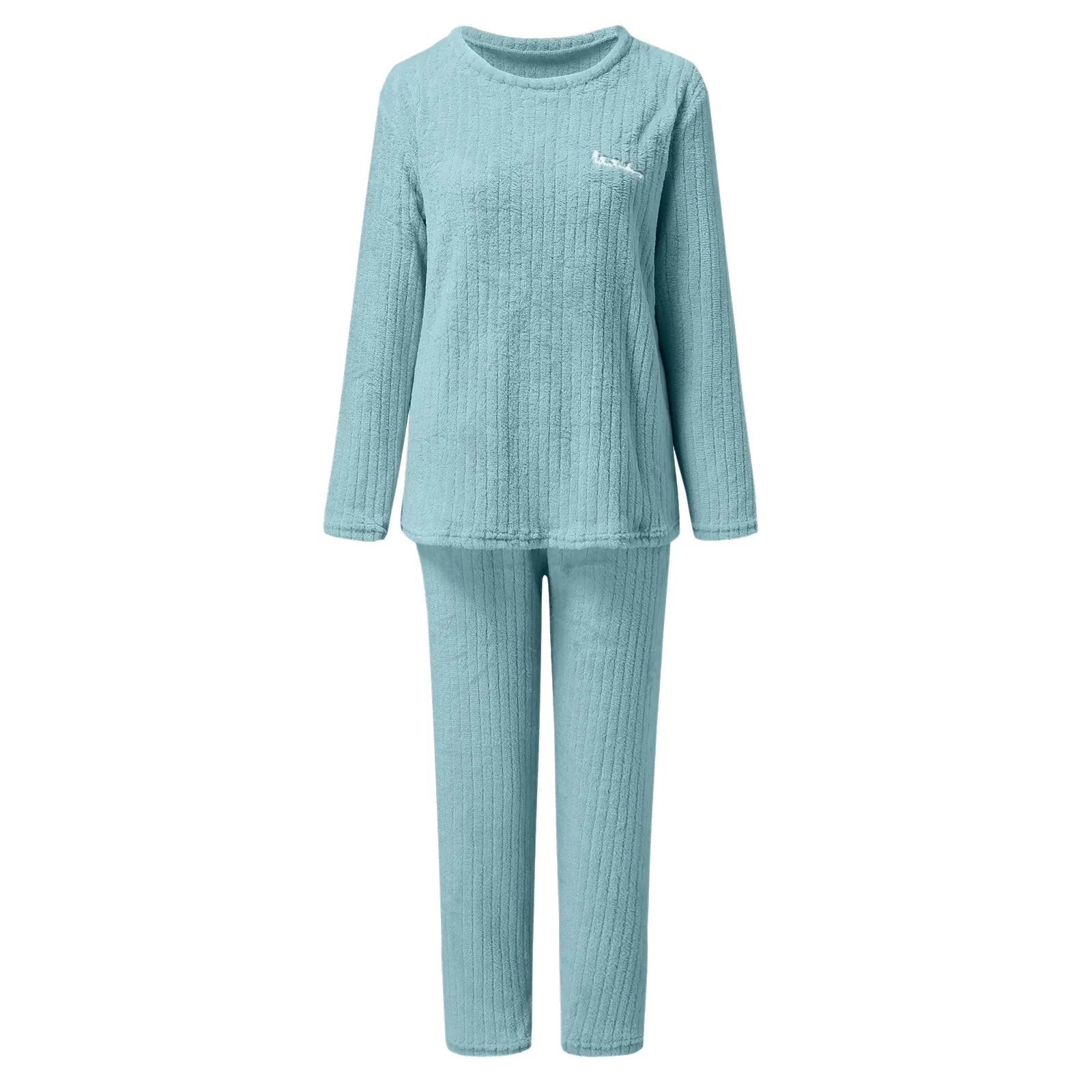 Women's Warm Pajamas Set Fuzzy Pajama Solid Color Sets Loungewear 2 Piece Sets Cozy Fleece Round Neck Oversized Pullover Pants