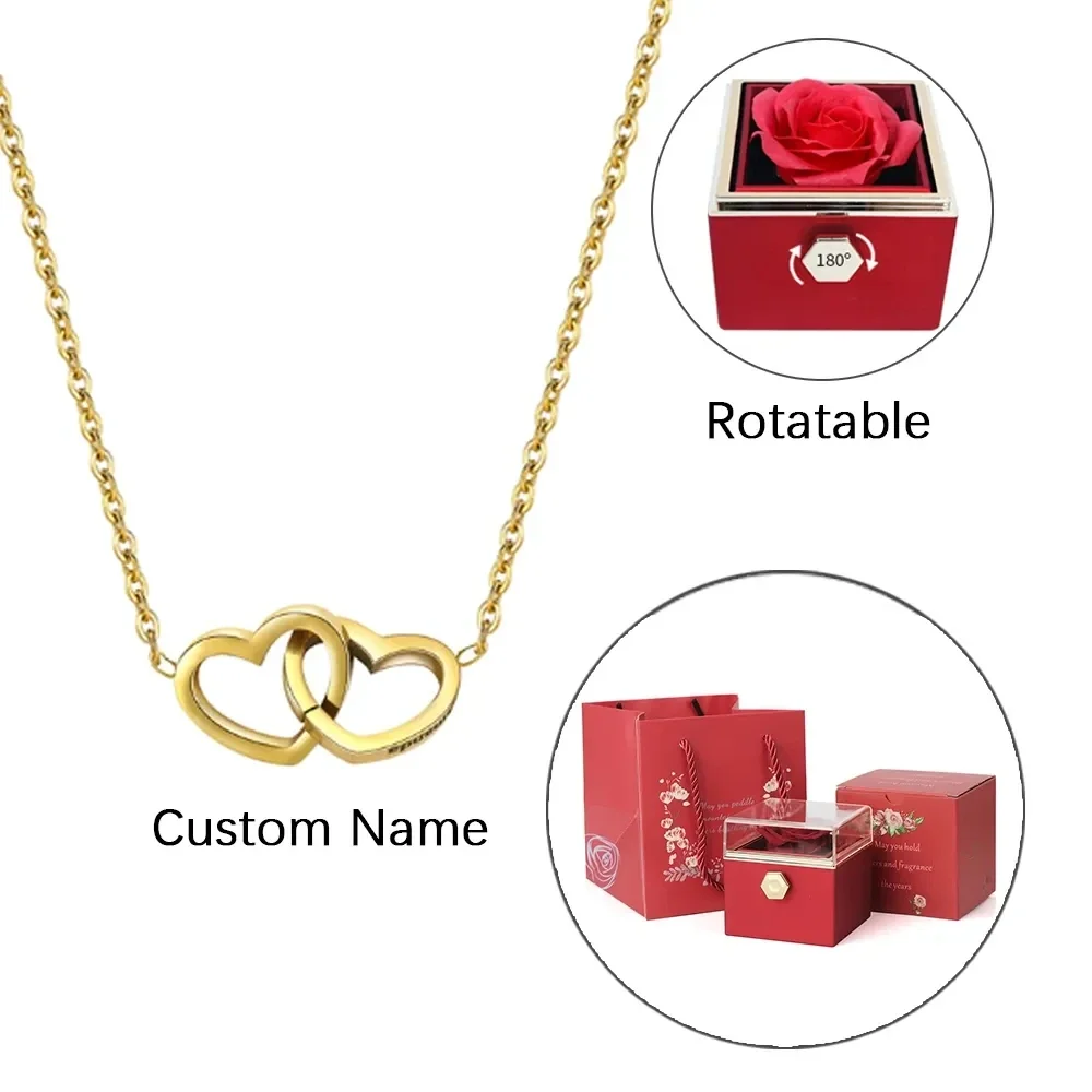 Custom Names Heart Necklace Personalized Jewelry Rotating Rose Box Pendant Chain For Women Wife Valentine's Anniversary Present
