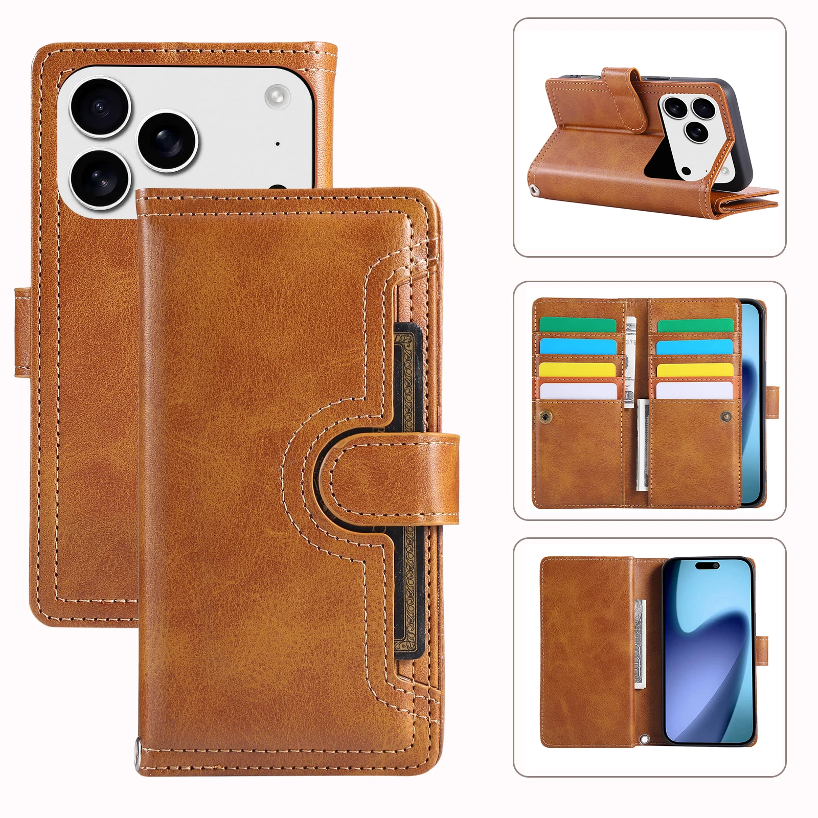 

Luxury Multifunctional Magnetic Flip Leather Case for iPhone 17 Pro Max 11 Pro 12 13 Mini 14 15 Plus 16E 17 Air Slim Wallet Case