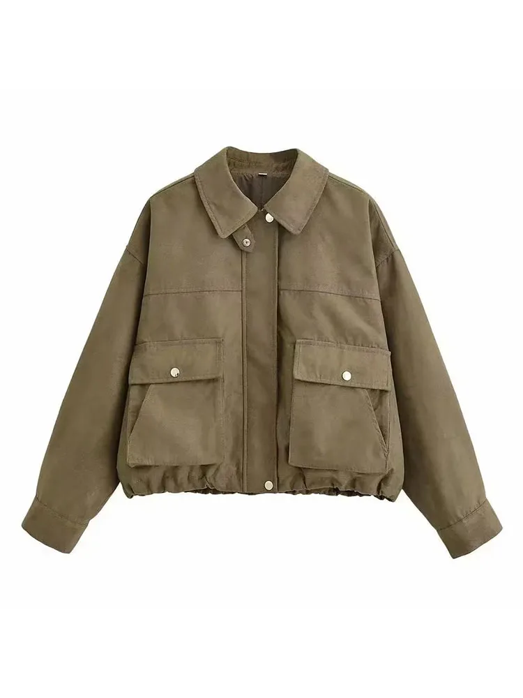 

Women 2025 Autumn Winter Vintage Suede Bomber Jacket Woman Casual Loose Stand Up Collar Pocket Zipper Outwears Elegant Chic Coat