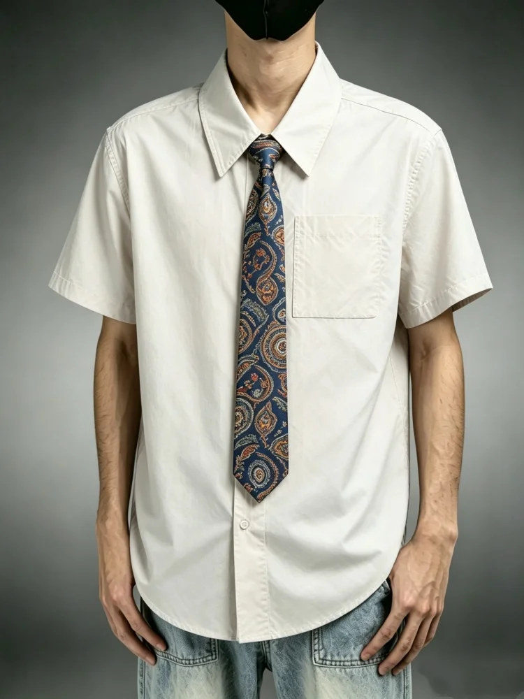 

Mens Solid Shirt With Tie Chest Pocket Turn Down Collar Beige Dark Blue Paisley Tie Summer Casual Loose Fit Shirt