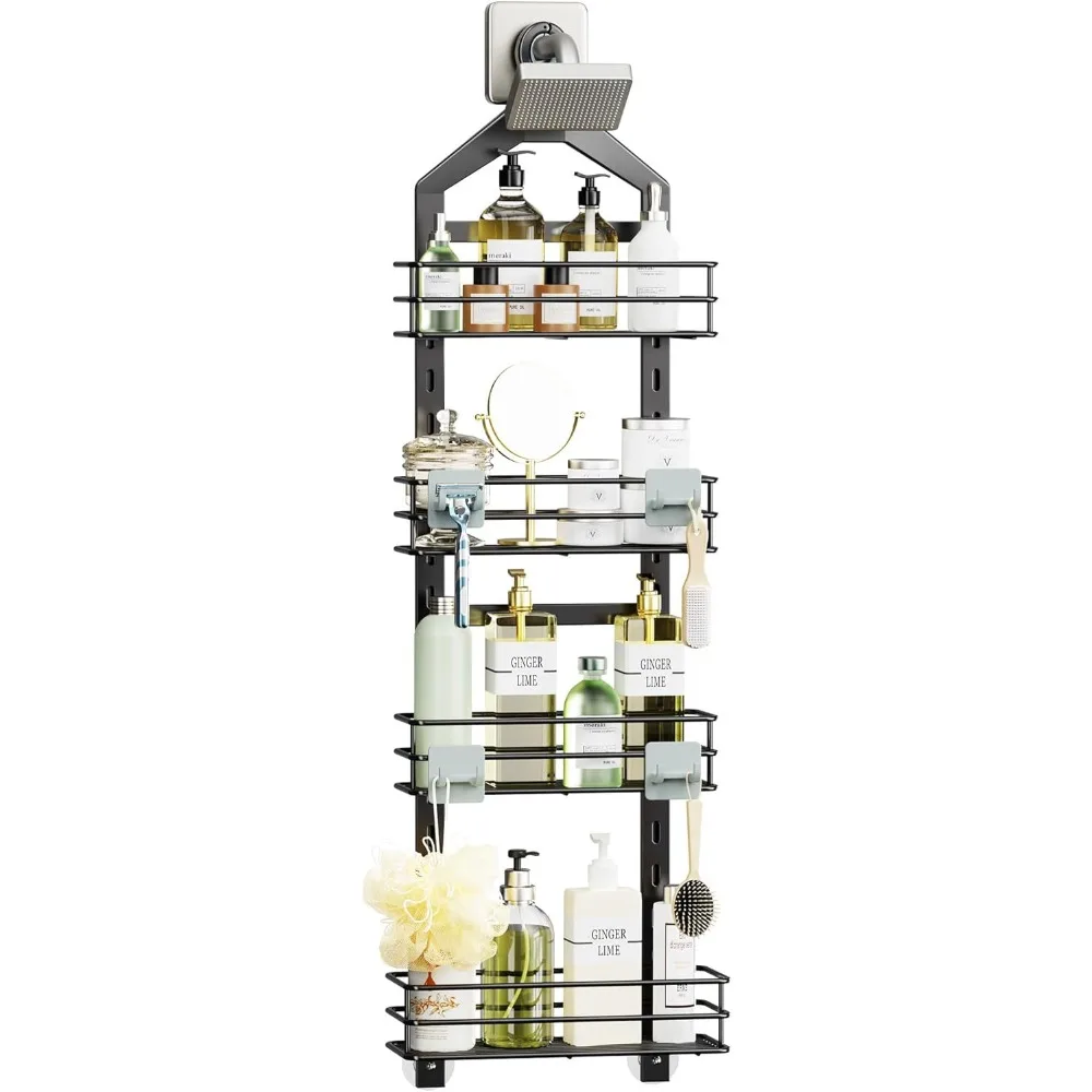 

Adjustable Anti-Slip Shower Caddy with 4 Hooks, No Drilling Rustproof Bathroom Organizer, Black 4-Tier Storage Rack