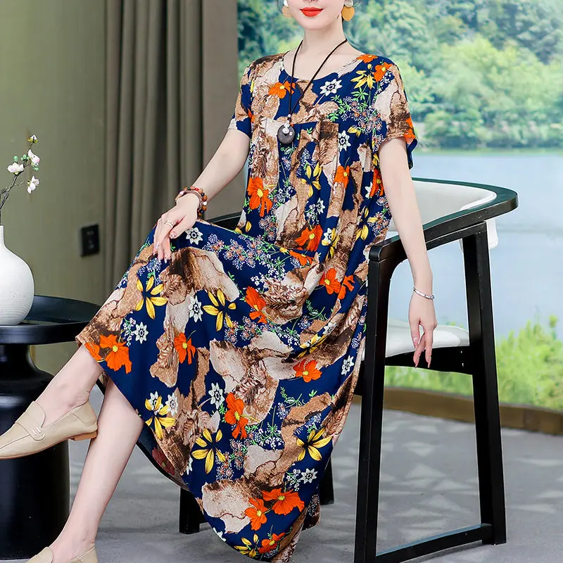Vintage Print O-hals Korte Mouw Losse Plooien Bloemenjurk Dameskleding 2024 Zomer Nieuwe Oversized Office Lady Midi Jurk