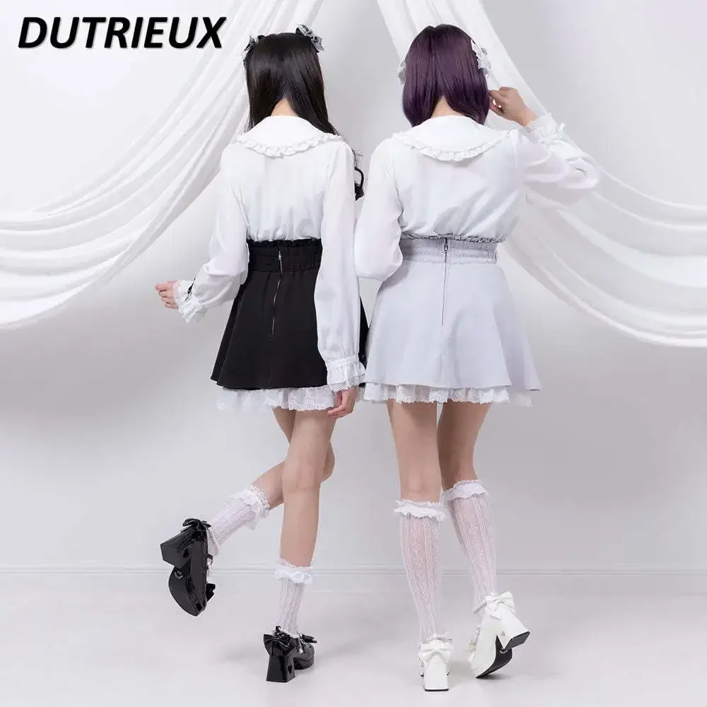 Japanese Style Sweet Blouse Kawaii Girls 2024 Summer New Bow Doll Collar Ruffled Underwear Shirt Preppy Style Camisas De Mujer