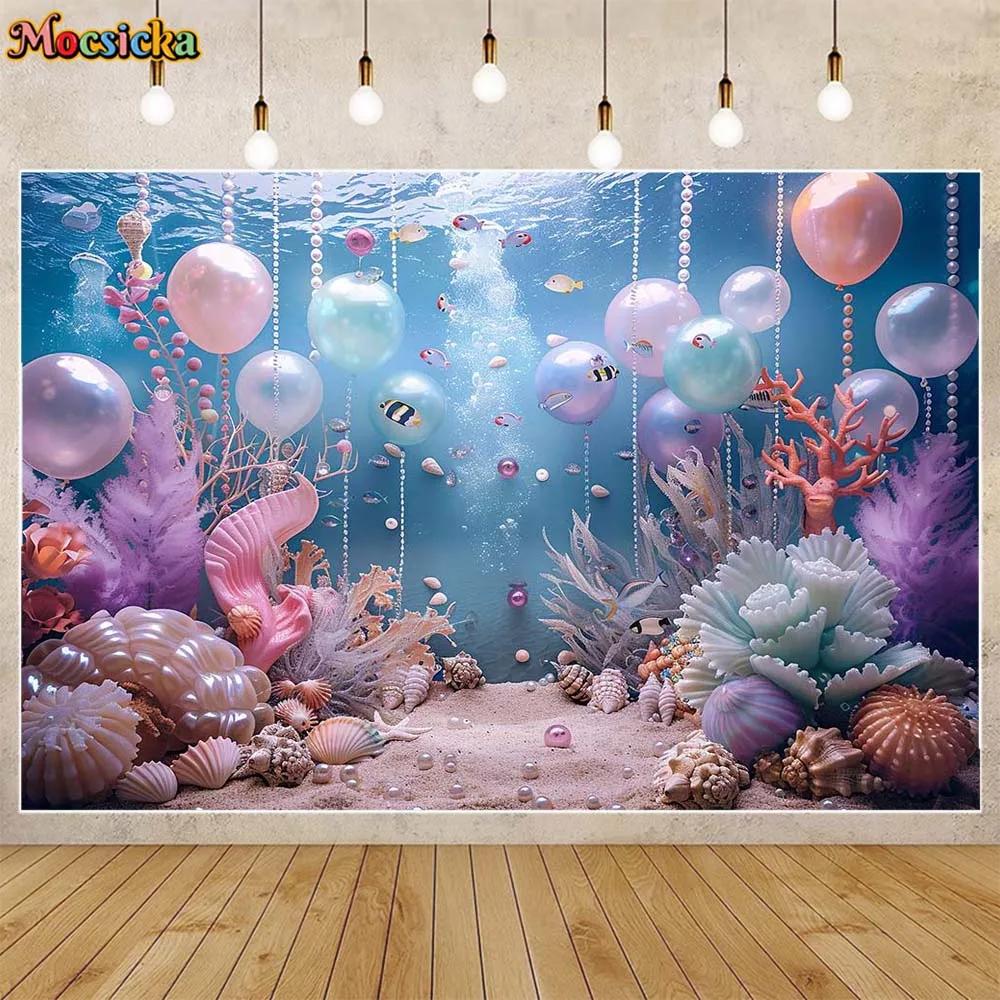Mocsicka-マーメイドプリンセス写真の背景、シーシェルの下、パールバルーン、女の子の誕生日パーティーの装飾、ケーキのスプラッシュの背景