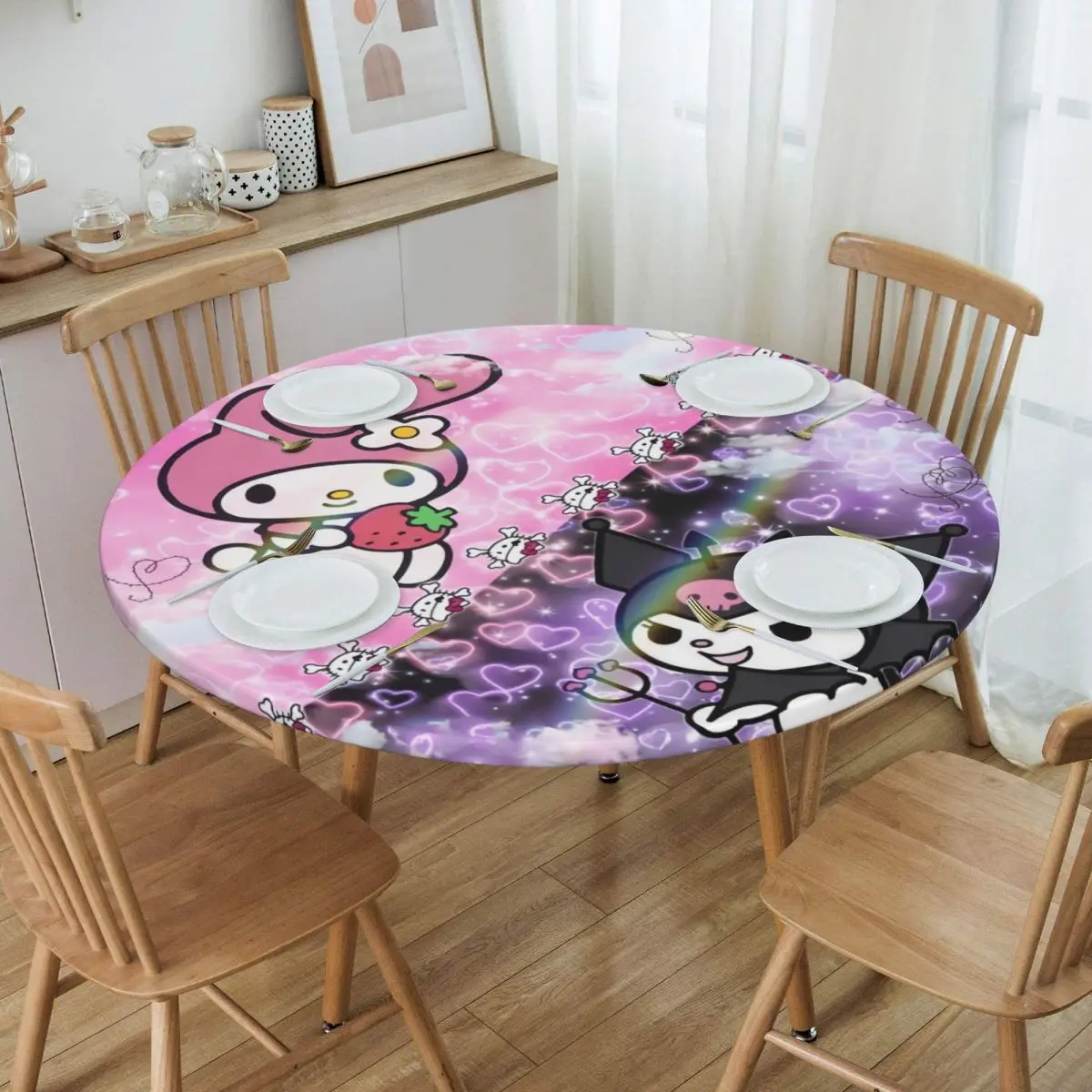 Custom Round Waterproof Oil-Proof Kuromi Sanrio Anime Tablecloth Backed Elastic Edge Table Cover 40