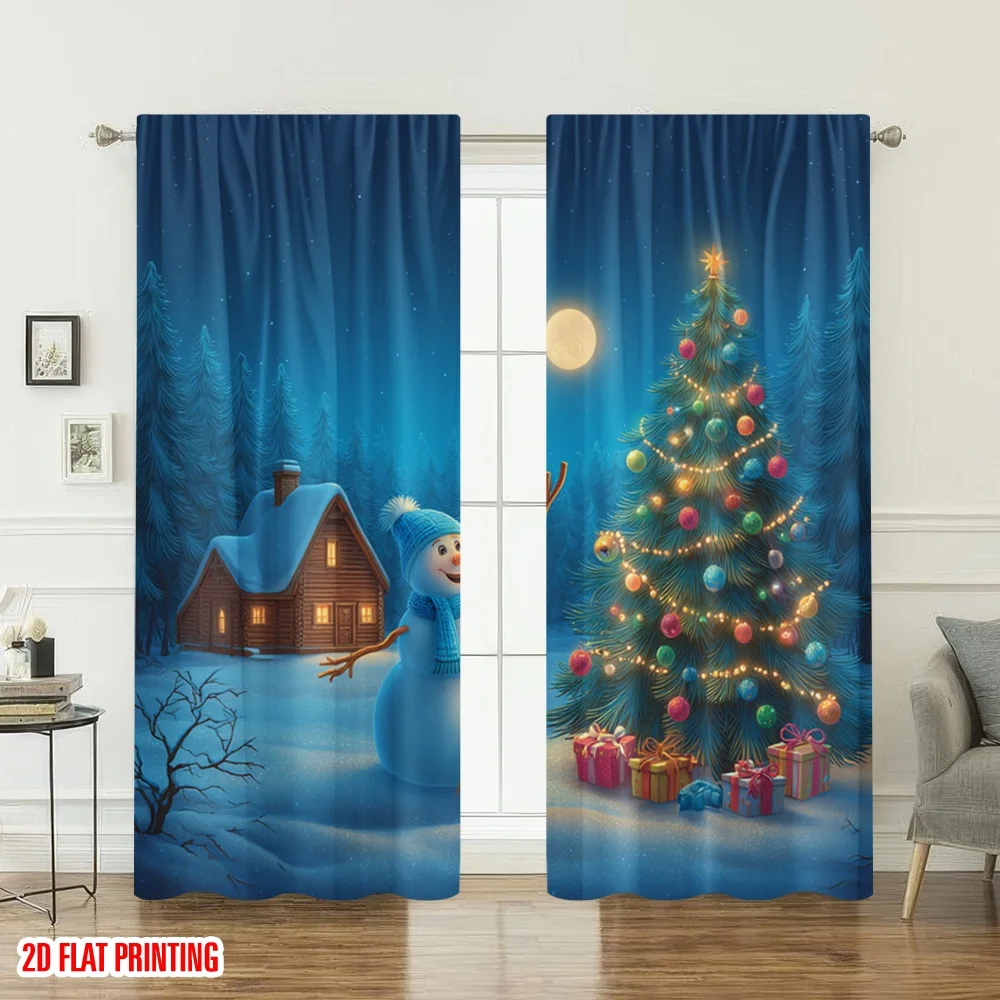 2 قطعة 2D الطباعة المسطحة عيد الميلاد الستائر الساخنة عيد الميلاد ثلج شجرة Gifts_o الرقمية المطبوعة البوليستر الستائر الأسرة استخدام الحفلات #6