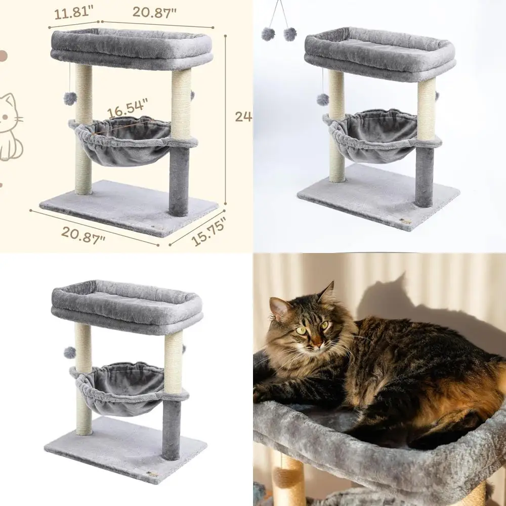 

24 комнатных кошачьих дерева с гамаком, когтеточкой и многоуровневыми платформами для больших кошек — компактная серая кровать для кошек